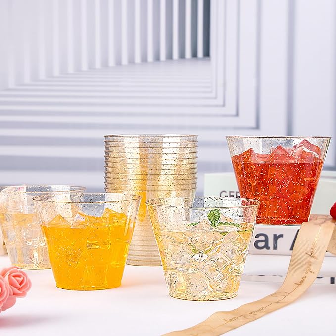 I00000 100pcs Gold Plastic Cups - 9 OZ Hard Gold Glitter Disposable Cups for Cocktail And Drinking - Premium Disposable Plastic Cups with Gold Glitter for Fancy Wedding & Elegant Party Cups
