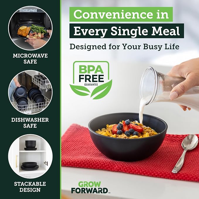 Grow Forward 16-piece Premium Wheat Straw Dinnerware Sets for 4 - Unbreakable Dishwasher & Microwave Safe Plastic Plates and Bowls Sets - Patio, Outdoors, RV, Camping Dishes - Midnight