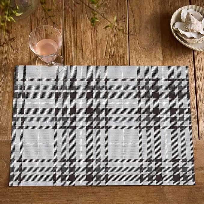 Artoid Mode Stripe Plaid Vinyl Placemats Set of 4, 12x18 Inch Washable Non-Slip Heat Resistant Plastic Place Mats for Party Dining Table, Grey