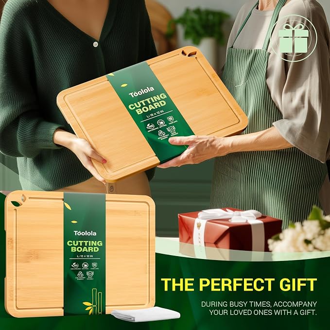 Bamboo Cutting Boards for Kitchen, Wooden Cutting Boards, 15 x 12 inch | Knife-Friendly Chopping Boards with Silicone Mat, Charcuterie Boards with Side Handles and Juice Grooves