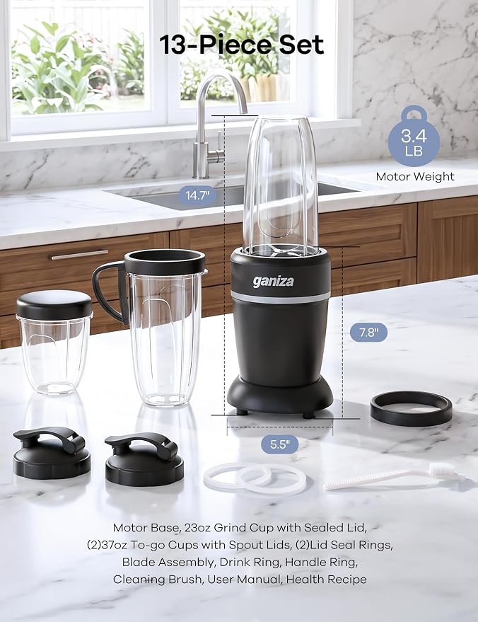 Ganiza Smoothie Blender Max 1300W, Personal Kitchen Blender & Grinder Combo | 23 oz, (2) 37 oz To-Go Cups, 6-Leaf Blade, Portable Maker for Smoothies, Shakes, Frozen Drinks, Sauces, Coffee Beans, Nuts