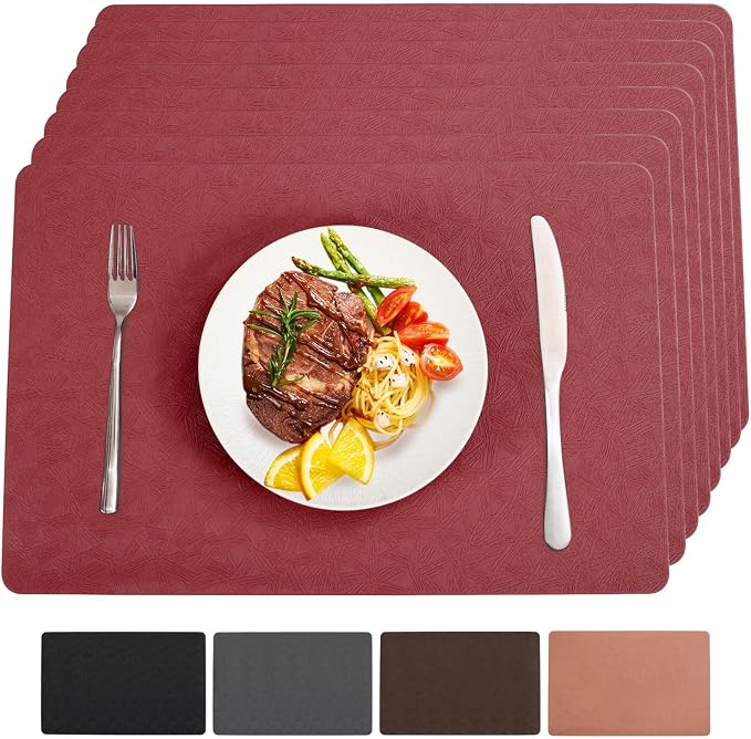 Red Vinyl Placemats Set of 8 Waterproof Wipeable Table Mats | Heat Resistant Easy Clean Place Mats Faux Leather Table Mats Washable PVC Table Placemats for Dining Table