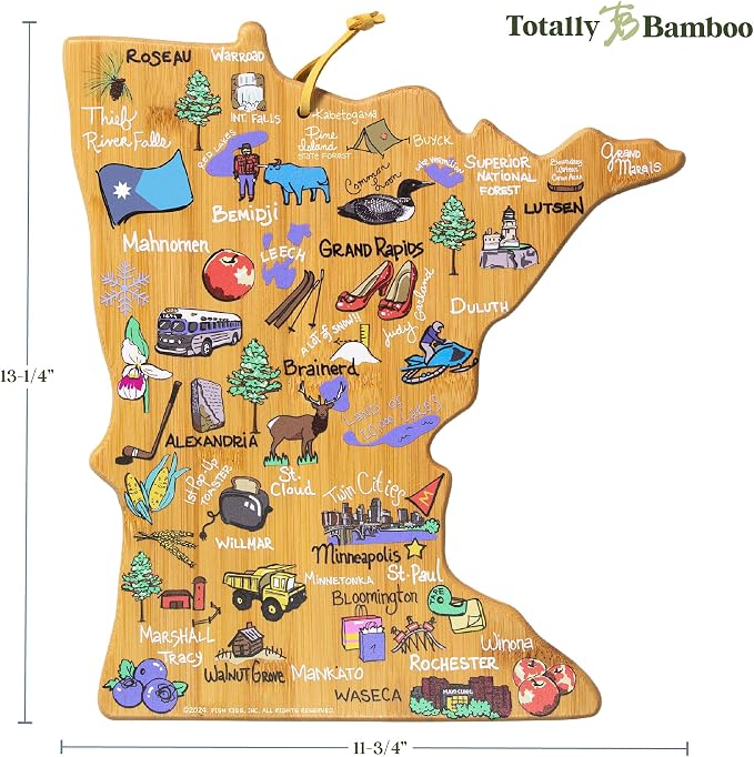 Totally Bamboo Minnesota State Shaped Cutting Board, Art by Fish Kiss | State charcuterie board with colorful hand-drawn map artwork. Smooth reverse side for food prep. Hang tie for wall display.