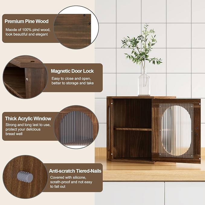 Alpeir Corner Bread Box for Kitchen Countertop, 3 Adjustable Height,Brown | Solid Pine Wood, Hold 2 Loaves, Strong Acrylic Window, Easily Care, Farmhouse Pantry Container for Home Baker, Family of 4