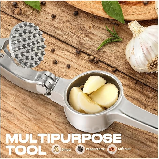 Kitchen Garlic Press, Rust Proof & Dishwasher Safe Garlic Mincer, Durable Garlic Crusher Set with Peeler&Brush, Easy to Clean and Squeeze, Matte