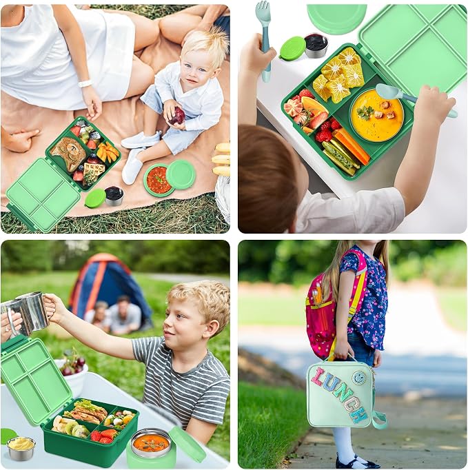 Aimsnk Lunch Box Kids with Thermo Insulated Lunch Bag for School, Green | Bento Lunch Box for Kids with 8oz Food Jar, Leak Proof Hot Lunch Containers with 4 Compartment, Warm Lunchbox for Toddler