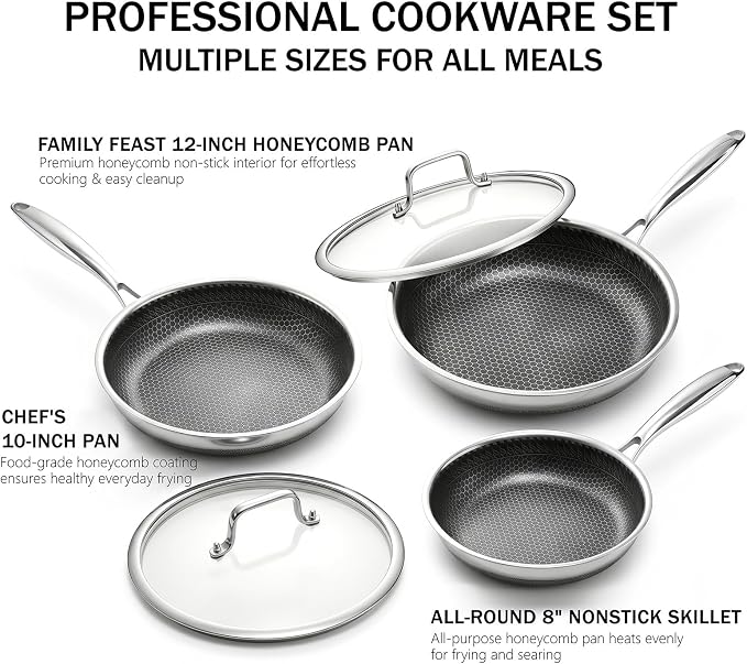 8 Inch Honeycomb Stainless Steel Nonstick Frying Pan Skillet | PFAS PFOA PTFE Free, Metal Utensil Safe, Scratch-Proof, All Cooktops Compatible, Dishwasher & Oven Safe Fajita Cooking Pan