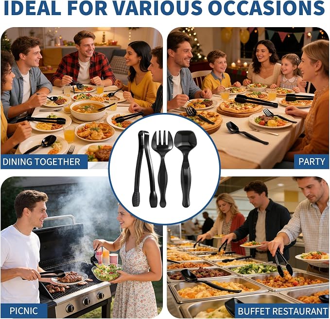 36 Pcs 9 Inch Plastic Serving Utensils Set, for Large Party | 12 Black Spoons + 12 Forks + 12 Tongs, Heavy Duty Disposable Tableware, for Buffet, Catering, Salad, Pasta and Soup