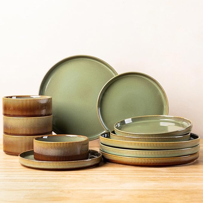 Ceramic Dinnerware Set for 4, 12-Piece Plates and Bowls Set | Lightweight Porcelain Dish Set, Scratch Resistant, Oven & Microwave & Dishwasher Safe, Sage Umber
