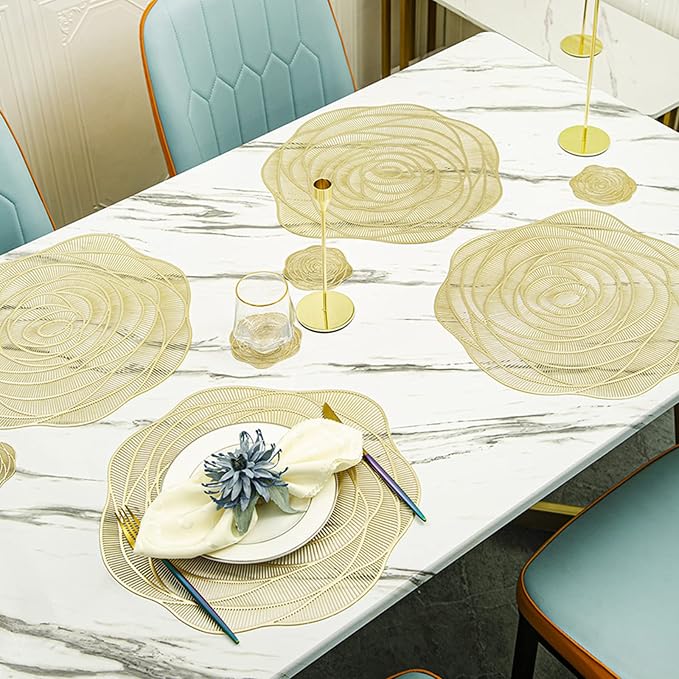 Lyellfe 20 Pack Gold Pressed Vinyl Placemats, 15 Inch Metallic Non-Slip | Washable PVC Chargers Placemat, including 10 Placemats and 10 Coasters for Dining Table, Wedding, Party, Rose Flower Shape