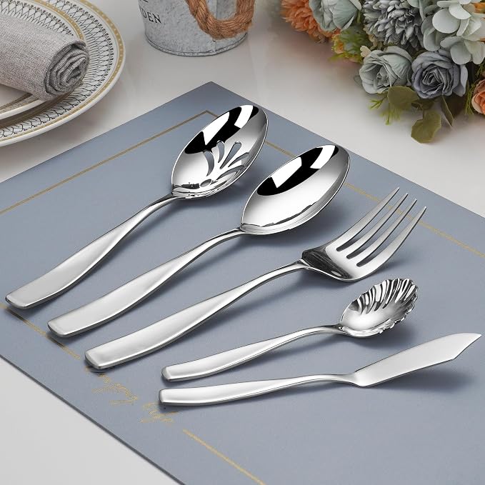 70 Piece Silverware Set 18/10 Stainless Steel, Flatware Set for 12 With 2 Sets of Serving Utensil, High End Heavy Duty Silverware Set, Dishwasher Safe, Ideal for Gift