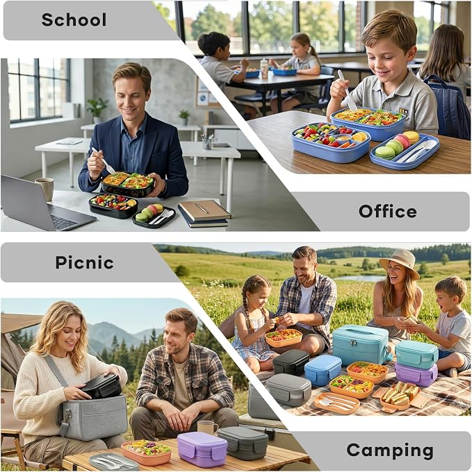HOMETALL Bento Box Adult with Insulated Lunch Bag - 3 Stackable Leak-Proof Lunch Box Containers for Women & Men - BPA Free Lunchbox with Utensil Set (Spoon, Knife, Fork) for Work, Picnic, Dining Out