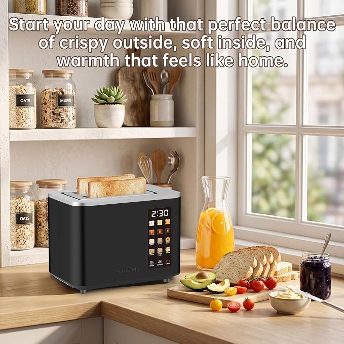 SEEDEEM 2 Slice Toaster with Full Touch Screen, Stainless Steel, 6 Bread Types & 6 Shade Settings, Countdown Display, Removable Crumb Tray, 900W, Black