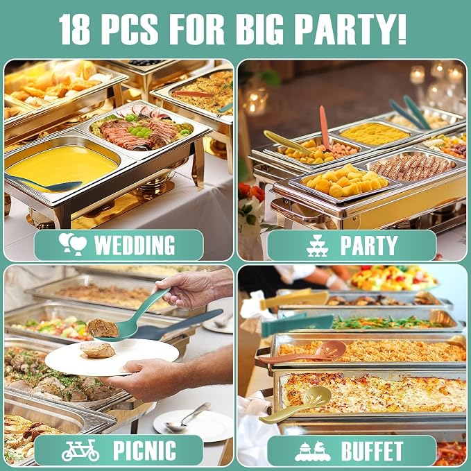 Reusable Plastic Serving Utensils Set of 18, 10" Wheat straw Large Serving set Serving Spoons/Slotted Spoons/Tongs, for Party Buffet Catering (Orange/Blue/Yellow/Green, Not for Cooking)