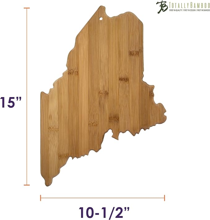Totally Bamboo Maine State Shaped Bamboo Serving and Cutting Board | State charcuterie board with natural bamboo grain. Knife-friendly surface for food prep. Hang tie for wall display.