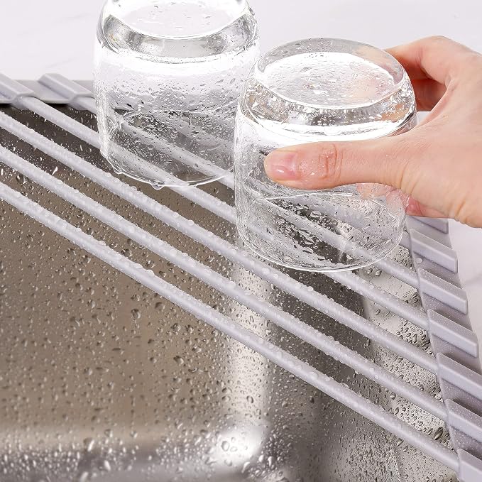 Tomorotec Triangle Roll Up Dish Drying Rack with Silicone Coating, Gray | 304 Stainless Steel with BPA-Free Silicone, Triangle Design Maximizes Sink Corner Space, Fits Compact Kitchens And RVs