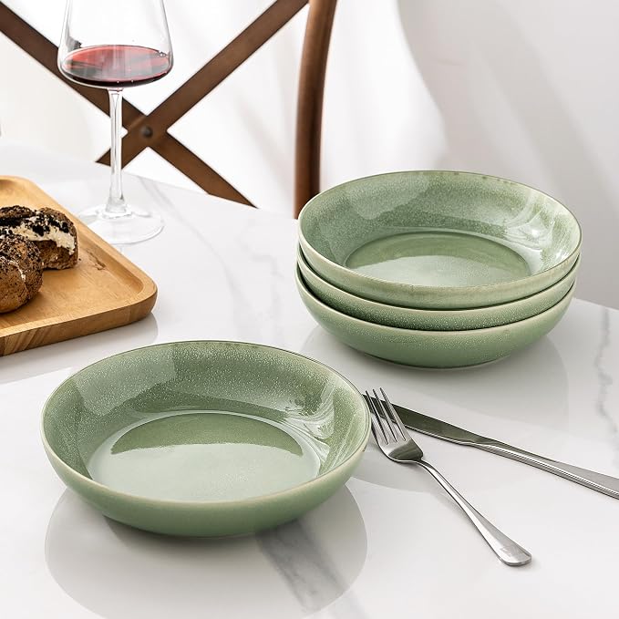 AmorArc 8.5’’ Ceramic Pasta Bowls Set of 4, 36oz Large Stoneware Bowls Set | Large Dinner Serving Bowls Set, Wide Bowl Plate for Pasta,Salad, Soup, Microwave Safe, Reactive Glaze-Olive Green