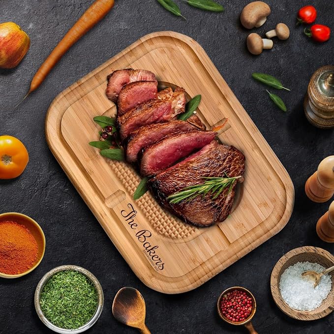 Personalized Cutting Board - Custom Engraved Bamboo Meat Carving Board with Spikes + Juice Groove, BBQ Grill Cutting Board Gift for Dad, Grandpa, Men, Fathers Day, Birthday, Grilling Accessories