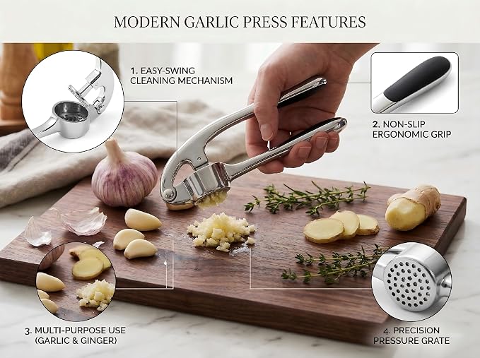 Heavy Duty Zinc Alloy Garlic Press, Easy Clean Mincer for Ginger
