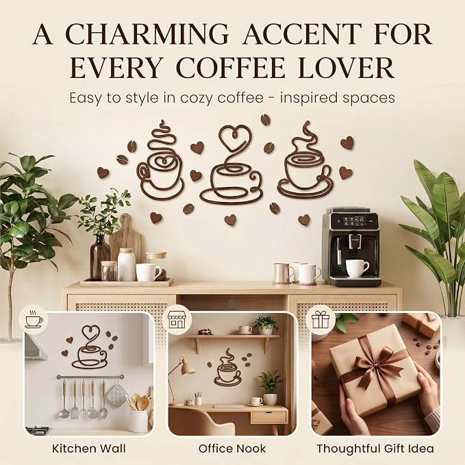 Vintage Coffee Line Art Signs, 3 Pc Wood Farmhouse Cafe Bar Decor | 3 wood pieces 7.8x5.7 in, 15 mini hearts, 10 coffee beans, 50 adhesive dots, kitchen and tabletop