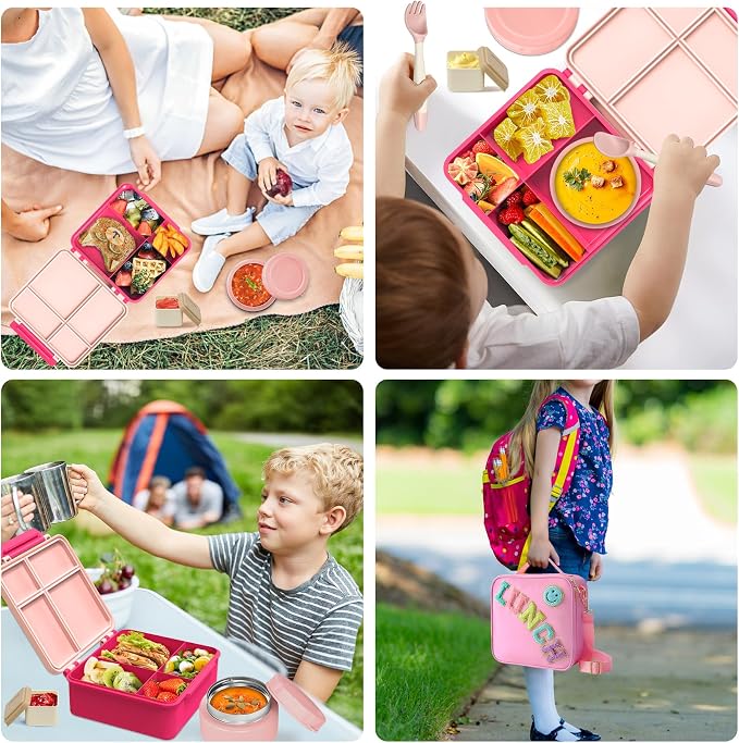 Aimsnk Lunch Box Kids with Thermo Insulated Lunch Bag for School, Pink | Bento Lunch Box for Kids with 8oz Food Jar, Leak Proof Hot Lunch Containers with 4 Compartment, Warm Lunchbox for Toddler