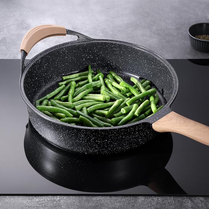 Deep Nonstick Frying Pan with Lid, 4.5 QT Swiss Granite Coating Sauté Pan, 12 Inch Healthy Non Stick Skillet Cooking Pan and Helper Handle with Silicone Cover, PFOA Free, Induction Ready.