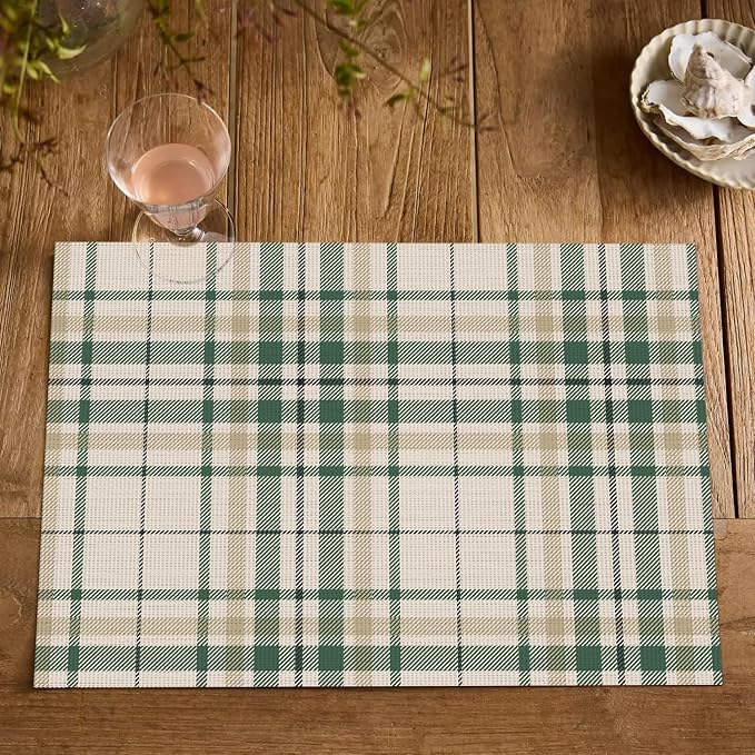 Artoid Mode Stripe Plaid Vinyl Placemats Set of 4, 12x18 Inch Washable Non-Slip Heat Resistant Plastic Place Mats for Party Dining Table, Olive Green