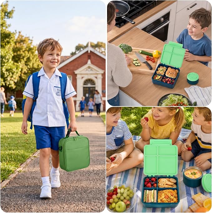 Bento Lunch Box Set with 8 oz Soup Thermo, Kids Leakproof 4 Compartments Hot Food Container with Sauce Cup, Ice Pack and Lunch Bag, Child Insulated Food Jar for School - Green