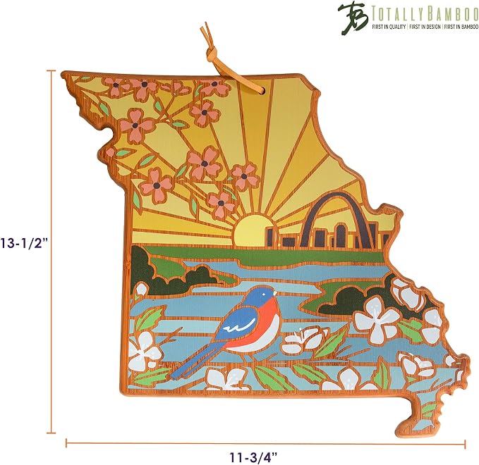 Totally Bamboo Missouri State Shaped Cutting Board, Summer Stokes Art | State charcuterie board with colorful hand-drawn landscape art. Smooth reverse side for food prep. Hang tie for wall display.