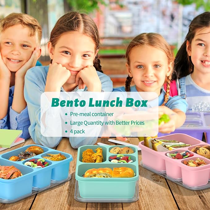 Bento Lunch Box - 4 Pack, 4-Compartment Meal Prep Containers, Adult Bento Box, Microwave & Dishwasher Safe (PP(Blue))