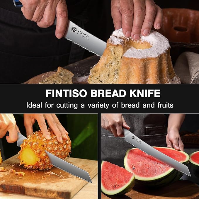 FINTISO Bread Knife10 Inch, Serrated Bread Cutter,2026 New UpgradeJapanese High Carbon Bread Knife,Ergonomic G10 Grip Homemade Bread/Sourdough/Bagels/Cake