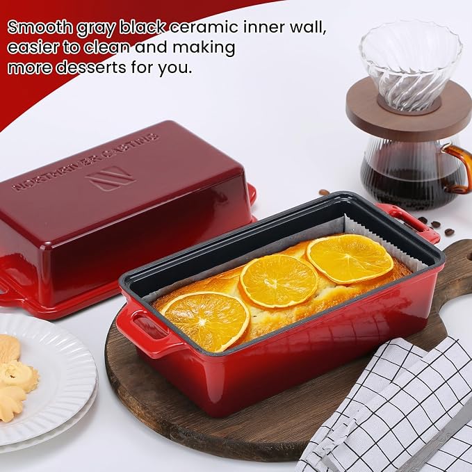 Northriver Casting 9x5 Inch Enameled Cast Iron Bread Loaf Pan with Lid, Perfect Sourdough Baking Pans | Even Heat Distribution for Homemade Bread, Cake, Meatloaf,2 Piece set,Red
