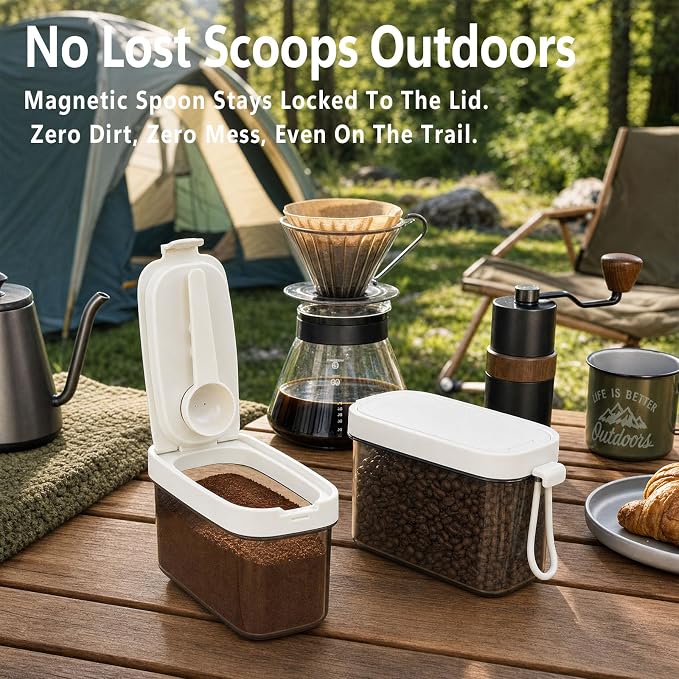 Airtight Coffee Canister with Scoop, 14oz Food Storage Container | Built-in Magnetic Scoop, BPA-Free, Portable with Carry Rope, for Ground Coffee, Beans, Sugar, Spices, Kitchen Pantry, 400ml