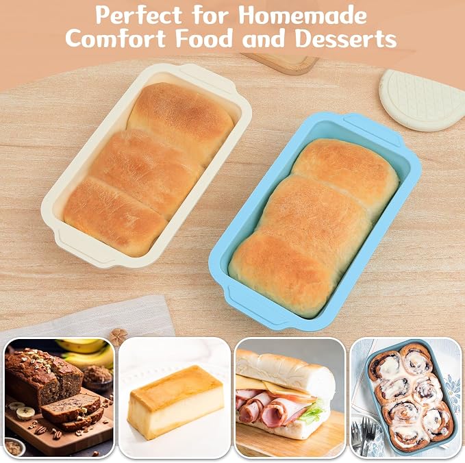 Nonstick Silicone Bread Loaf Pan: 9.5 x 5 Inch Bread Pan for Homemade Rye | with Metal Frame - Loaf Mold for Baking Oven - Housewife Baker Home Baking Enthusiasts (Beige & Mint Green) Toeusog