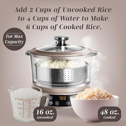 COOK WITH COLOR Glass Mini Low Carb Rice Cooker – Holds 2 Cups Raw/Makes 6 Cups Cooked with Auto Lift Filter Basket, Hotpot & Steamer for Rice, Grains, Digital Panel with Keep Warm, Goat/Mink