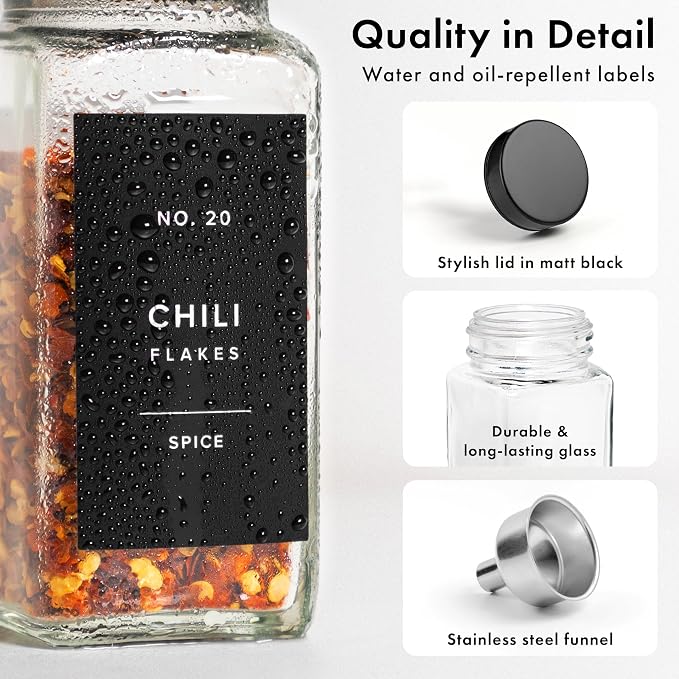 Glass Spice Jars with Label, Seasoning Set, 36x Black Steel Lids | Airtight Lids keep spices fresh, Kitchen Spice Drawer Organizer, 4oz Seasoning Containers incl. Funnel, Brush & 240 Labels