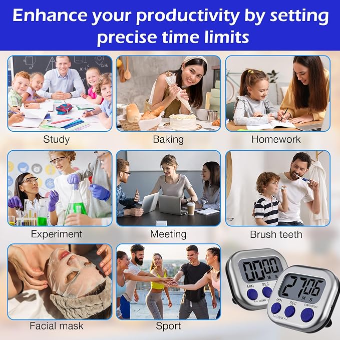 Leumoi 24 Pack Multi-Function Digital Timers with Magnetic Back, Large LCD Display, Loud Alarm, Count up & Countdown, Memory Function for Cooking, Classroom, Study, Exercise & Work(Sliver and Blue)