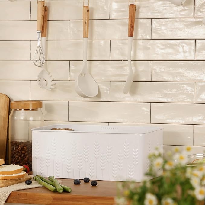 Large White Ear of Wheat Embossed Bread Box with Bamboo Lid | Corner Breadbox for Homemade Bread, Metal Bread Storage Container Bin for Kitchen Countertop