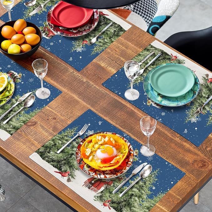 Blue Snowman Christmas Placemats Set of 4 Xmas Tree Cardinal Snowflakes Linen Table Mats Seasonal Winter Holiday Place Mats Washable Placemat for Party Kitchen Dining Outdoor Indoor Decor