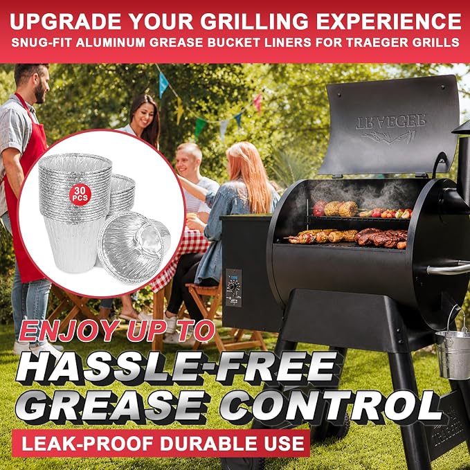 BAC608 Grease Bucket Liner for Traeger Timberline/Ironwood/Flatrock Grills | Fits Traeger timberline/timberline XL, lronwood/lronwood XL accessories, heat-resistant aluminum foil drip tray liner 30 pack