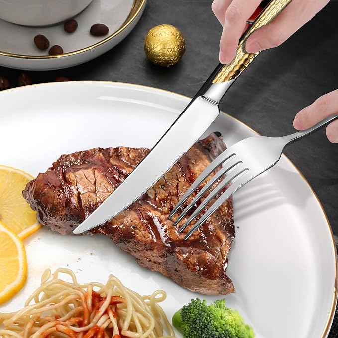 40-Piece Hammered Silver Gold Silverware Set for 8,18/10 Stainless Steel Flatware Set with Serrated Forged Knives,Heavy Duty Cutlery Set for Home & Party,Mirror Polished, Dishwasher Safe