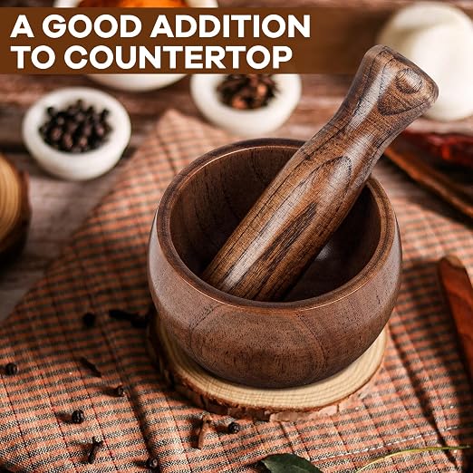 Wood Mortar and Pestle Set, Wood Grinder Bowl for Guacamole, Salsa, Herb Crusher and Pill
