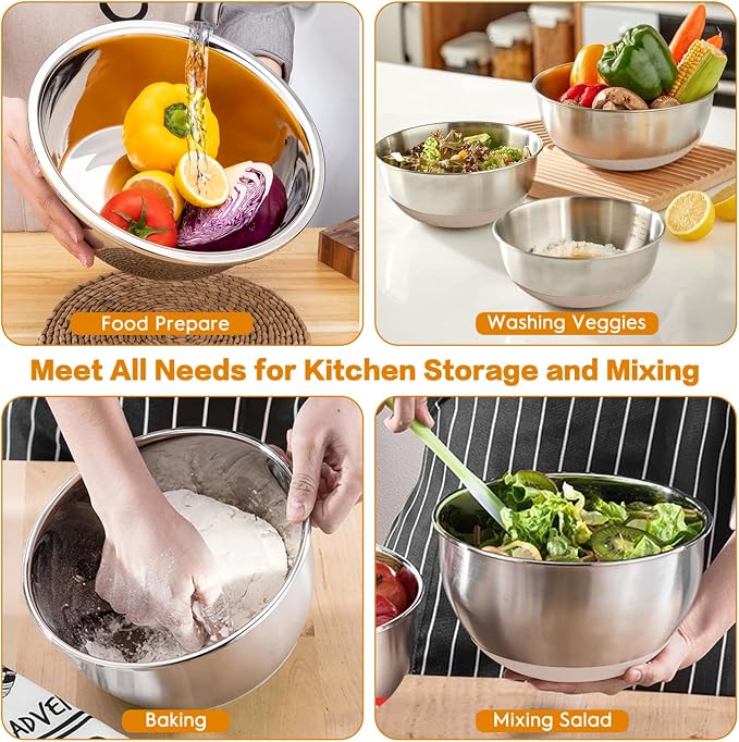 Mixing Bowls with Airtight Lids, 18pcs Stainless Steel Mixing Bowls Set | Nesting Non-slip Silicone Bowls Bottom, Size 4.5, 3.6, 2.7, 2.1, 1.7, 1.1, 0.7 qt, Fit for Mixing & Serving(Khaki)