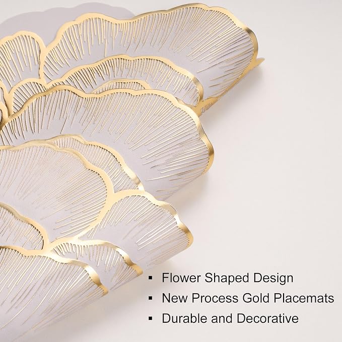 Evevda 15 Inch Gold Floral Shaped Vinyl Placemats for Dinner Table Set of 6 | Plastic Dining Table Mats Non-Silp Waterproof Washable for Wedding Annersary Kitchen Decoration