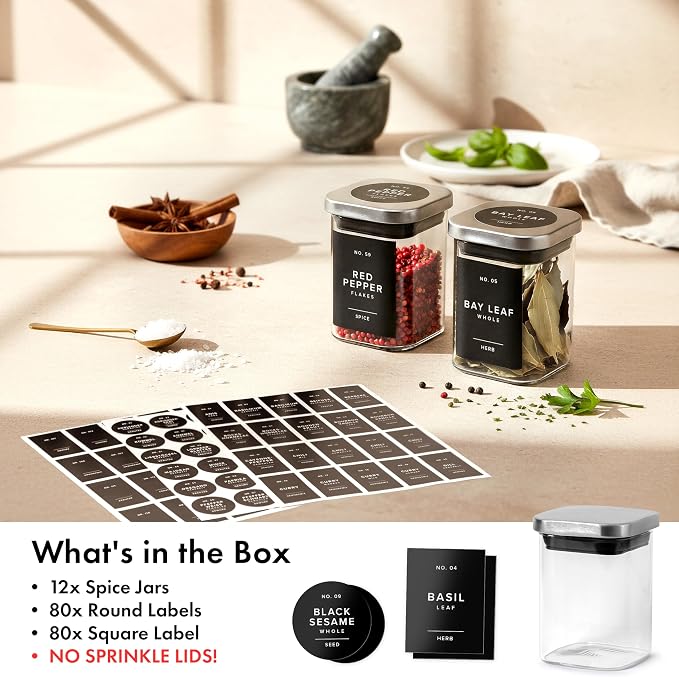Glass Spice Jars with Labels and Steel Lids (12 x 6.4oz) Spice Containers with 160 Label, Steel Funnel, Shaker Inserts, Empty Square Seasoning Organizer for Spice Rack, Cabinet, Drawer