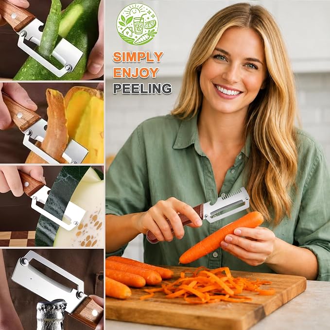 1PCS Multifunctional Vegetable Peeler with Wooden Handle & Bottle Opener | Premium Single Blade Food Peeler & Scallion Shredder Tool for Potato, Carrot, Pumpkin, Papaya, Kitchen Utensils (1 Pack)