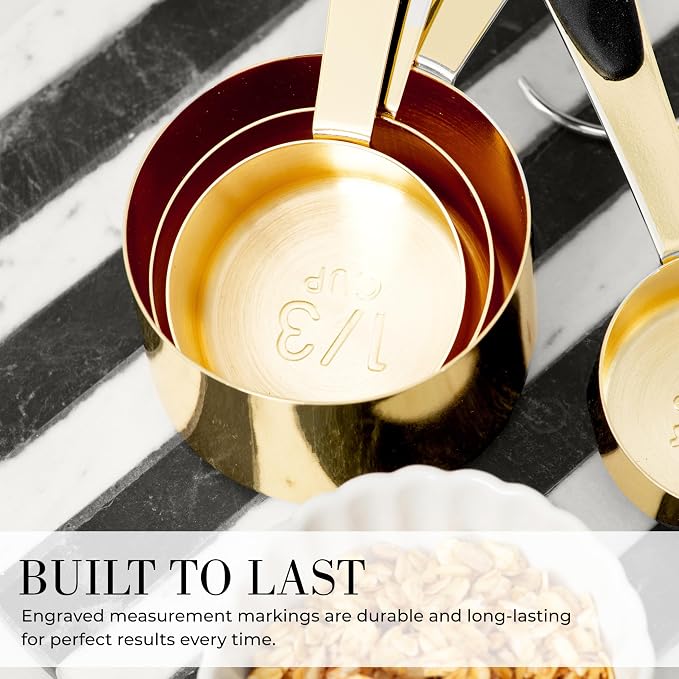 Styled Settings Black and Gold Measuring Cups and Spoons Set, 8-Piece | Stainless Steel, 8-Piece Brass Measuring Set with Beige Silicone, Stackable, Black and Gold Kitchen Accessories