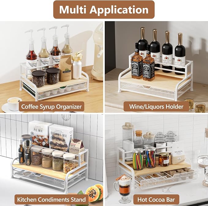 Coffee Syrup Rack Organizer, 3-Tier with 35 K-Cup Pod Holder Drawer | White Metal Rack for 8 Syrup Bottles,Countertop Bottle Holder Stand for Wine,Space-Saving Design for Kitchen Cafe Station