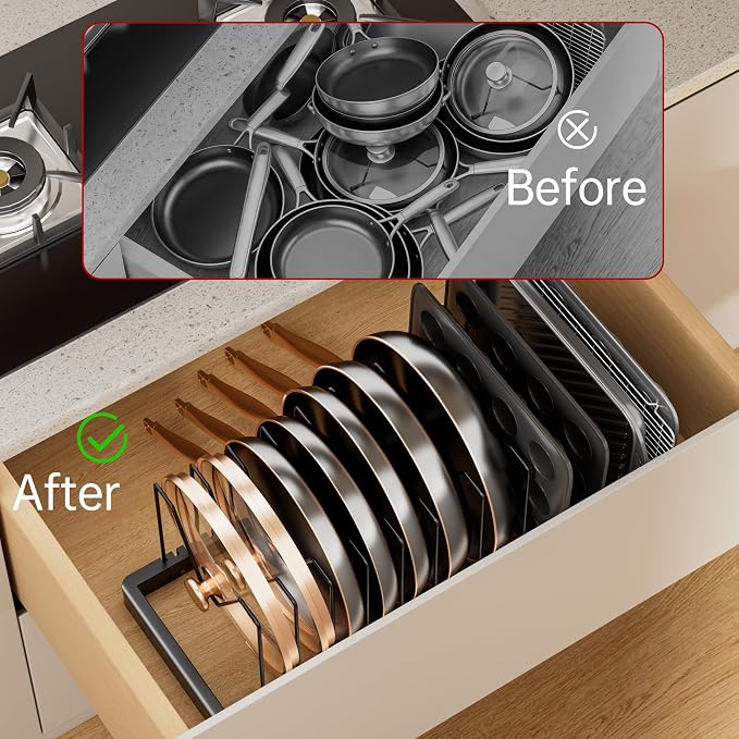 Expandable Pot and Pan Organizer with 10 Adjustable Dividers | Solid Metal Under‑Cabinet Pot Lid Organizer 14.1''‑24.8'', Lid Organizers Inside Cabinet, Fits Bakeware & Cookie Sheets