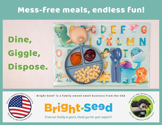 Bright Seed Disposable Placemats for Baby & Toddlers, Learning Mat- Dinos | 40 Disposable Placemats, ABC, Numbers & Animal Learning, Perfect for Restaurants & Travel, Helps Keep Tables Clean